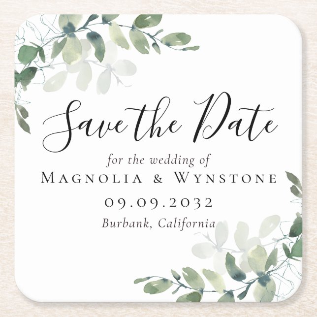 Dessous De Verre Carré Mariage Eucalyptus Enregistrer La Date (Devant)