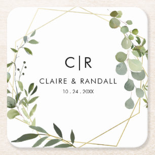 Dessous De Verre Carré Mariage Eucalyptus vert géométrique or