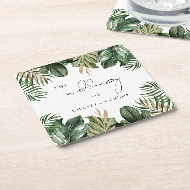 Dessous De Verre Carré Mariage feuille tropical élégant (Incliné)
