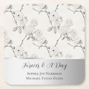 Dessous De Verre Carré Mariage Fleurs Automne Crème Noir Argent 