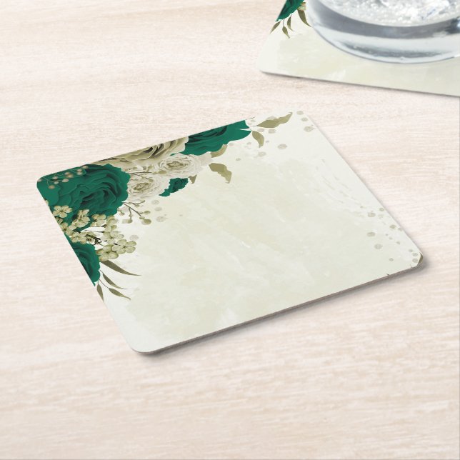 Dessous De Verre Carré mariage fleurs beige vert émeraude (Incliné)