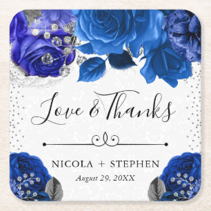 Dessous De Verre Carré Mariage Fleurs Bleu et Argent Aquarelle