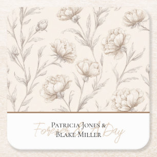 Dessous De Verre Carré Mariage Fleurs Esquissées Crème