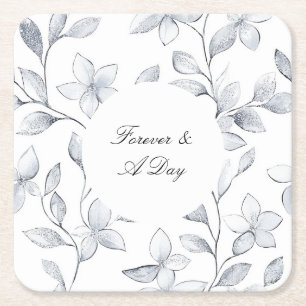Dessous De Verre Carré Mariage floral blanc argenté