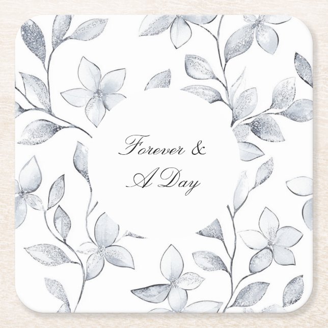 Dessous De Verre Carré Mariage floral blanc argenté (Devant)