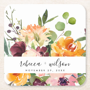 DESSOUS DE VERRE CARRÉ MARIAGE FLORAL BLANC CLAIR JAUNE ORANGE