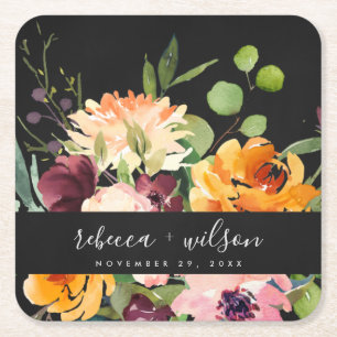 DESSOUS DE VERRE CARRÉ MARIAGE FLORAL BLANC NOIR JAUNE ORANGE
