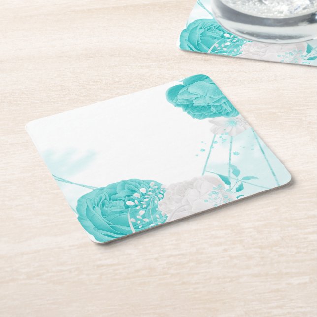 Dessous De Verre Carré mariage floral blanc turquoise (Incliné)