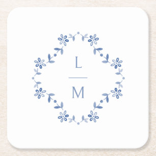 Dessous De Verre Carré Mariage Floral bleu et blanc