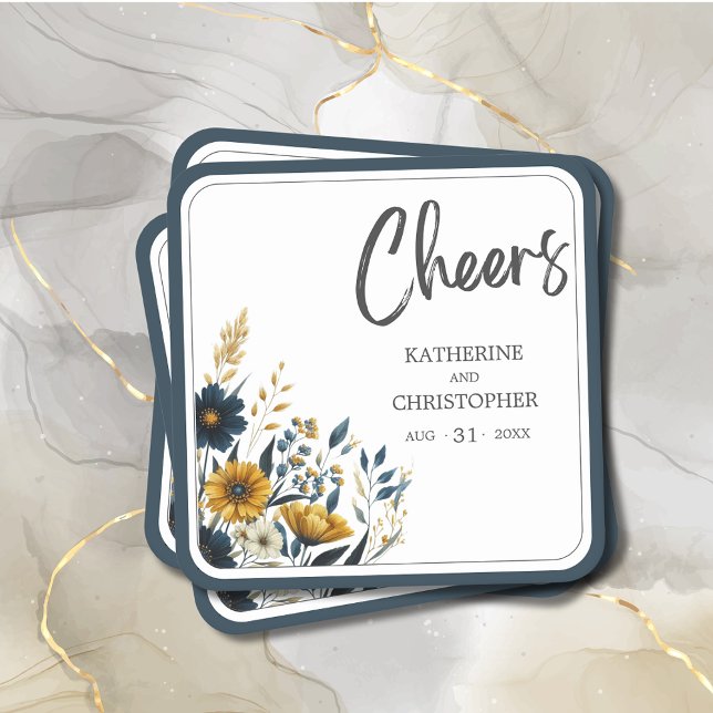 Dessous De Verre Carré Mariage floral bleu jaune (Blue Gold Floral Wedding Coaster with Couple Names and Wedding Date.)