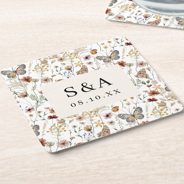 Dessous De Verre Carré Mariage Floral Bohème Rustique (Rustic Boho Floral Wedding Square Paper Coaster Monogrammed by Painted Paperie
)