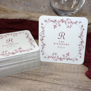 Dessous De Verre Carré Mariage Floral Bourgogne Rouge Foncé Monogramme