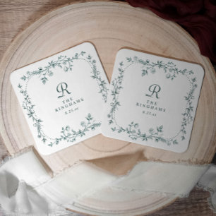 Dessous De Verre Carré Mariage Floral Émeraude Vert Monogramme