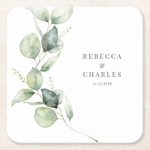 Dessous De Verre Carré Mariage floral Eucalyptus Script Faveur