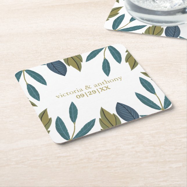 Dessous De Verre Carré Mariage floral feuille rustique (Incliné)