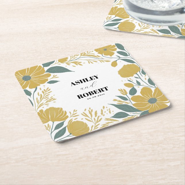 Dessous De Verre Carré Mariage floral moderne jaune betercup (Incliné)