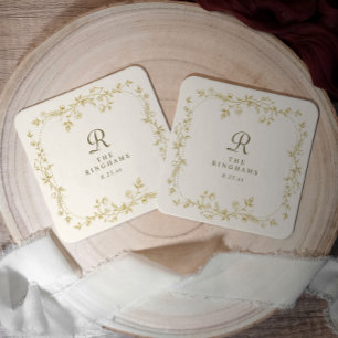 Dessous De Verre Carré Mariage Floral Or et Ivoire Monogramme Français