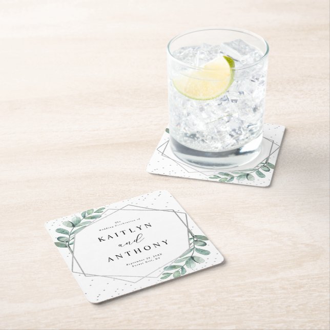 Dessous De Verre Carré Mariage géométrique Eucalyptus à huile d'argent (En situation)
