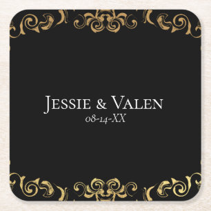 Dessous De Verre Carré Mariage gothique or et noir
