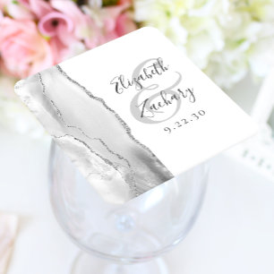 Dessous De Verre Carré Mariage gris blanc argent Script Agate Géode