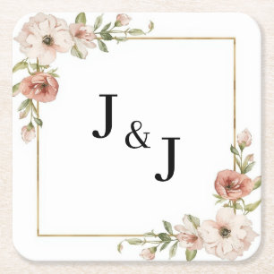 Dessous De Verre Carré Mariage Initiales Cadre Fleurs Épanouies Rose