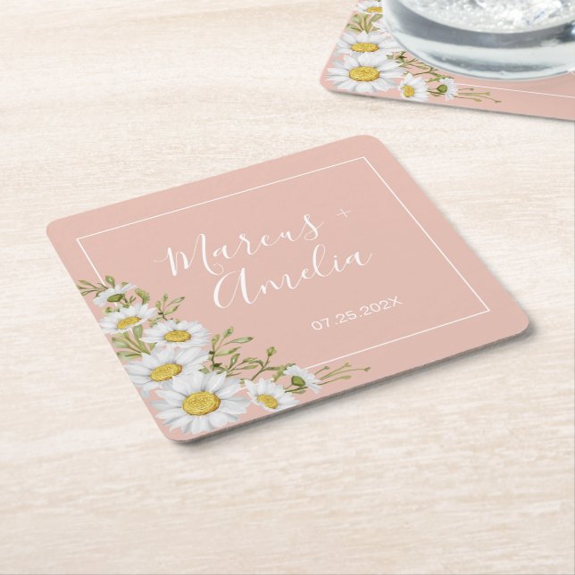 Dessous De Verre Carré Mariage moderne Blush & White Daisers (Incliné)