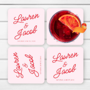 Dessous De Verre Carré Mariage Moderne Minimaliste Rose et Rouge