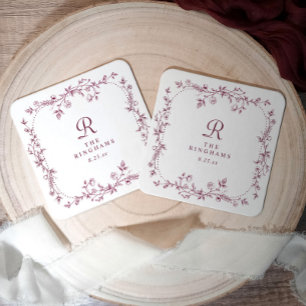 Dessous De Verre Carré Mariage Monogramme Fleurie Rouge Foncé Vin Françai