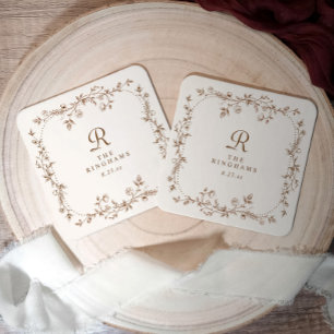 Dessous De Verre Carré Mariage Monogramme Marron Crème Floral Vintage Fra