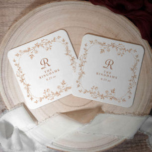 Dessous De Verre Carré Mariage Monogramme Orange Terracotta Floral França