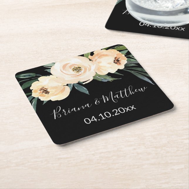 Dessous De Verre Carré Mariage noir beige floral (Incliné)