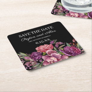 Dessous De Verre Carré Mariage noir floral violet Enregistrer la date