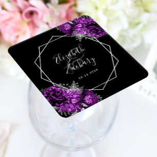 Dessous De Verre Carré Mariage noir géométrique en argent floral violet