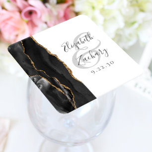 Dessous De Verre Carré Mariage noir or script géode d'agate