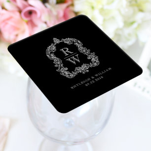 Dessous De Verre Carré Mariage Noms de Famille Armoiries Vintage Noir Bla