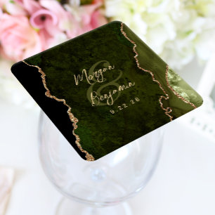 Dessous De Verre Carré Mariage Olive Verte Agate Or Script