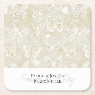Dessous De Verre Carré Mariage Papillons Cœurs Crème Ivoire Jolies
