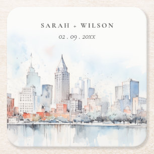 Dessous De Verre Carré Mariage Paysage Aquarelle Détroit Michigan