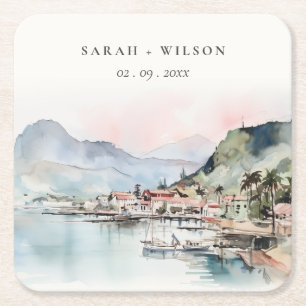 Dessous De Verre Carré Mariage Paysage Aquarelle Kauai Hawaï