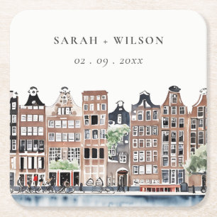 Dessous De Verre Carré Mariage paysager du canal néerlandais d'Amsterdam