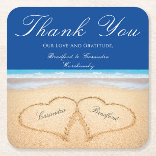 Dessous De Verre Carré Mariage plage 2 Coeurs dans le Mariage de sable