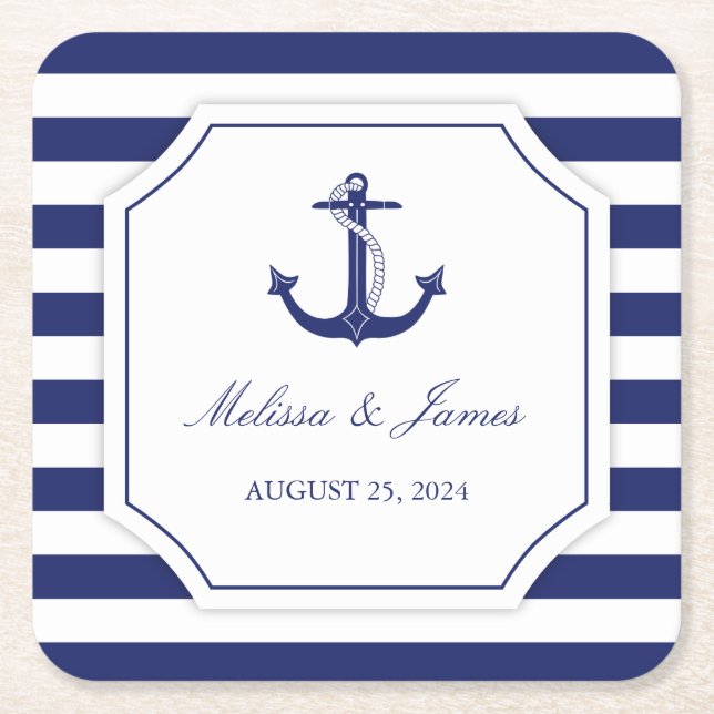 Dessous De Verre Carré Mariage Rayure Bleue Marine Ancre Nautique (Devant)