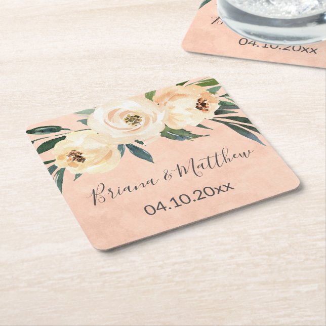 Dessous De Verre Carré Mariage rose beige floral (Incliné)