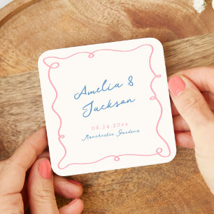 Dessous De Verre Carré Mariage Rose et Bleu Dessiné à la Main de Manière