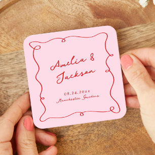 Dessous De Verre Carré Mariage Rose et Rouge Dessiné à la Main de Manière