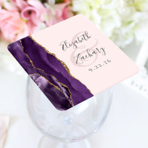Dessous De Verre Carré Mariage Rose Pâle Blush Or Violet Agate