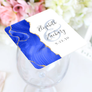 Dessous De Verre Carré Mariage Royal Bleu Or Script Géode d'Agate