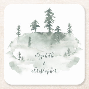Dessous De Verre Carré Mariage rustique de la forêt d'aquarelle