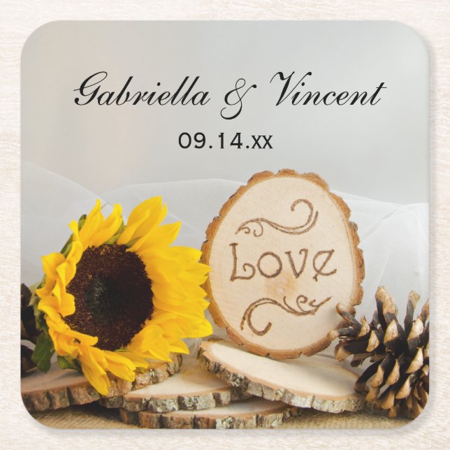 Dessous De Verre Carré Mariage rustique Tournesol (Devant)