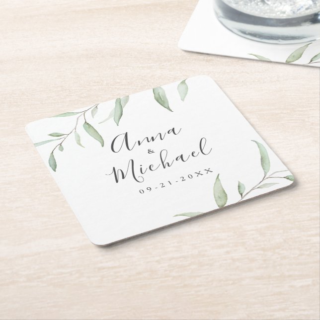 Dessous De Verre Carré Mariage rustique verdoyante minimale (Incliné)